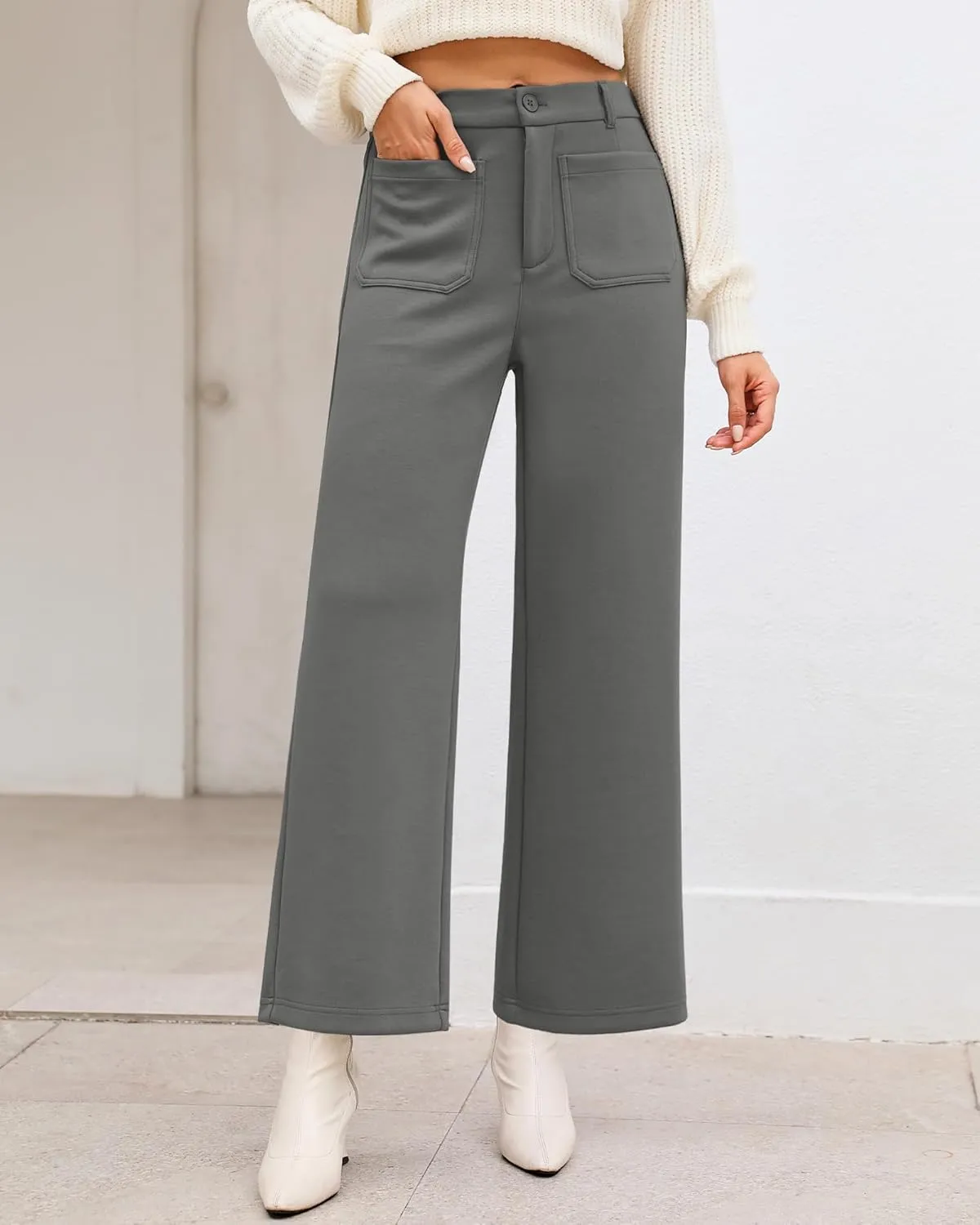 GRAPENT Wide Leg Pants Woman High Waisted Business Casual Elastic Waist Cropped Trouser Pockets Stretch Fall Knit Pants