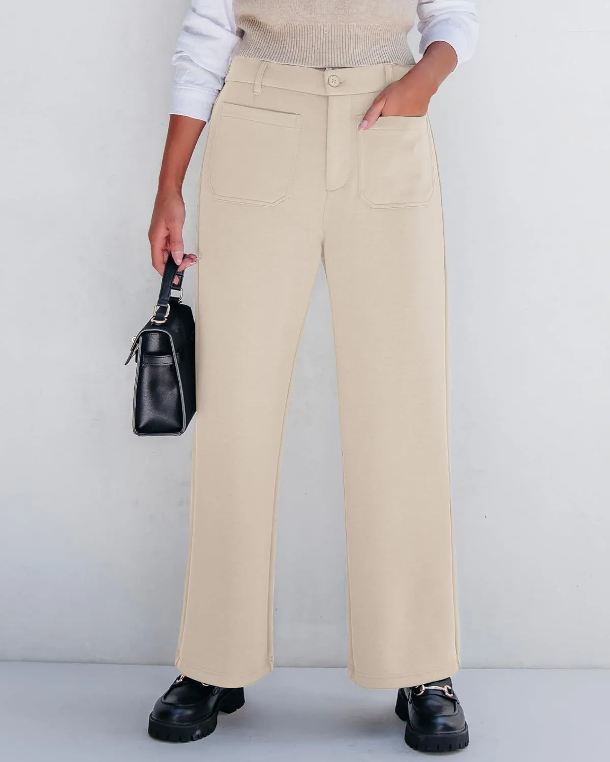 GRAPENT Wide Leg Pants Woman High Waisted Business Casual Elastic Waist Cropped Trouser Pockets Stretch Fall Knit Pants
