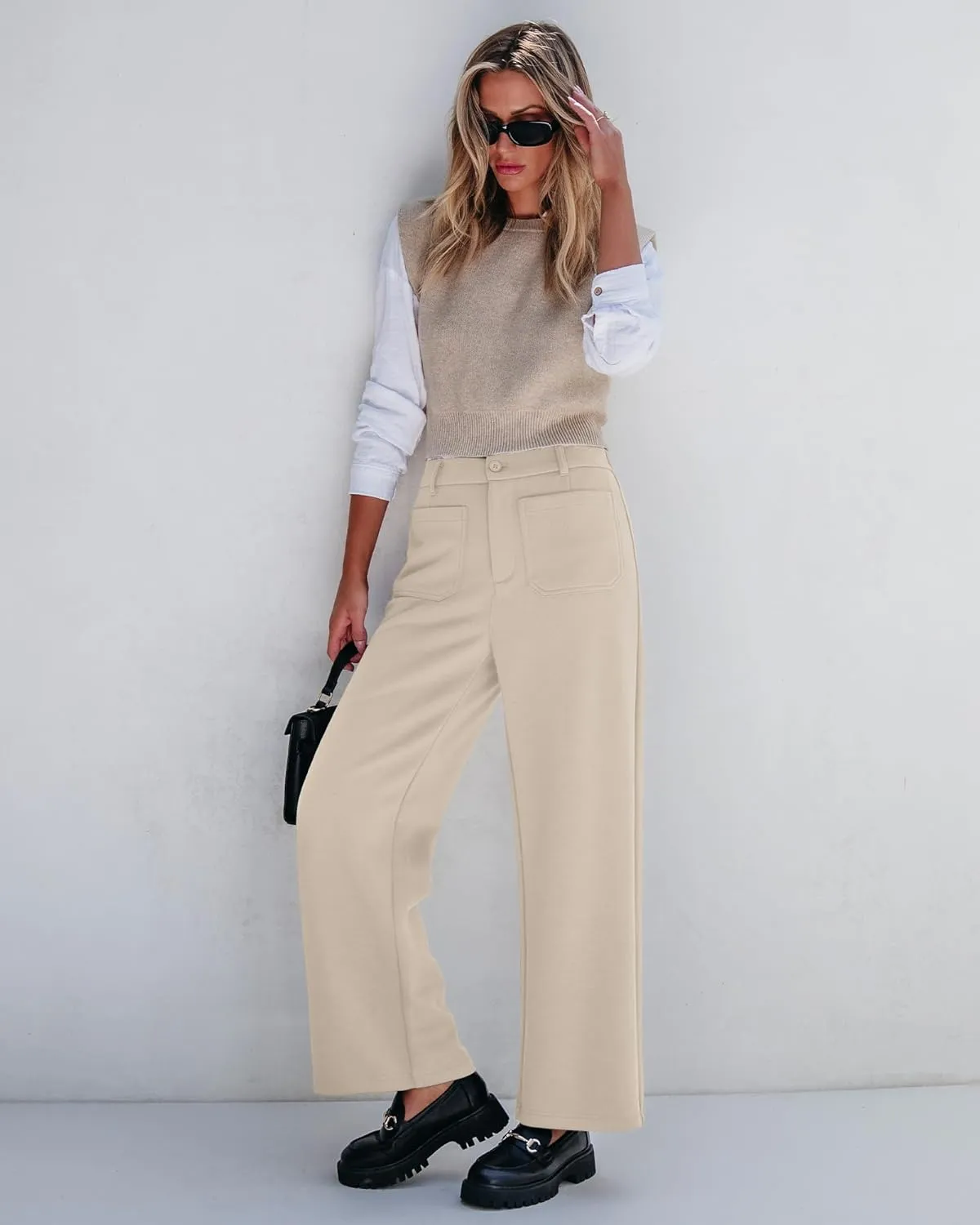 GRAPENT Wide Leg Pants Woman High Waisted Business Casual Elastic Waist Cropped Trouser Pockets Stretch Fall Knit Pants