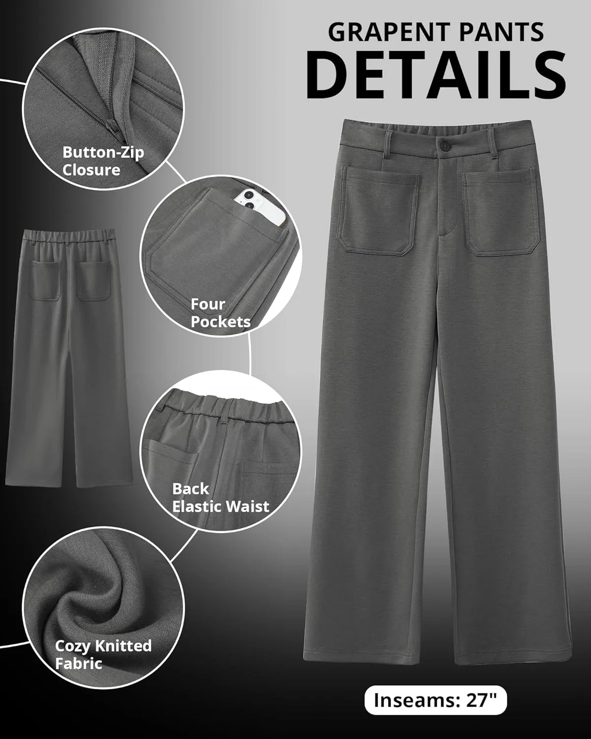 GRAPENT Wide Leg Pants Woman High Waisted Business Casual Elastic Waist Cropped Trouser Pockets Stretch Fall Knit Pants