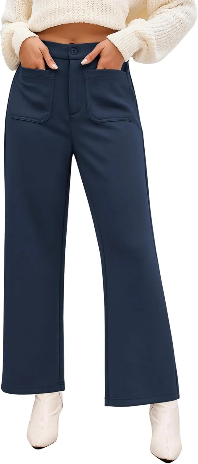 GRAPENT Wide Leg Pants Woman High Waisted Business Casual Elastic Waist Cropped Trouser Pockets Stretch Fall Knit Pants