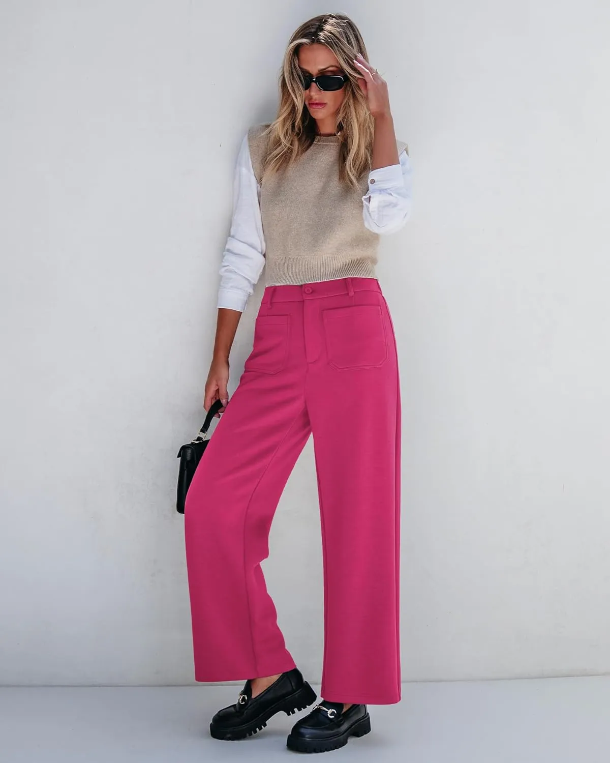 GRAPENT Wide Leg Pants Woman High Waisted Business Casual Elastic Waist Cropped Trouser Pockets Stretch Fall Knit Pants