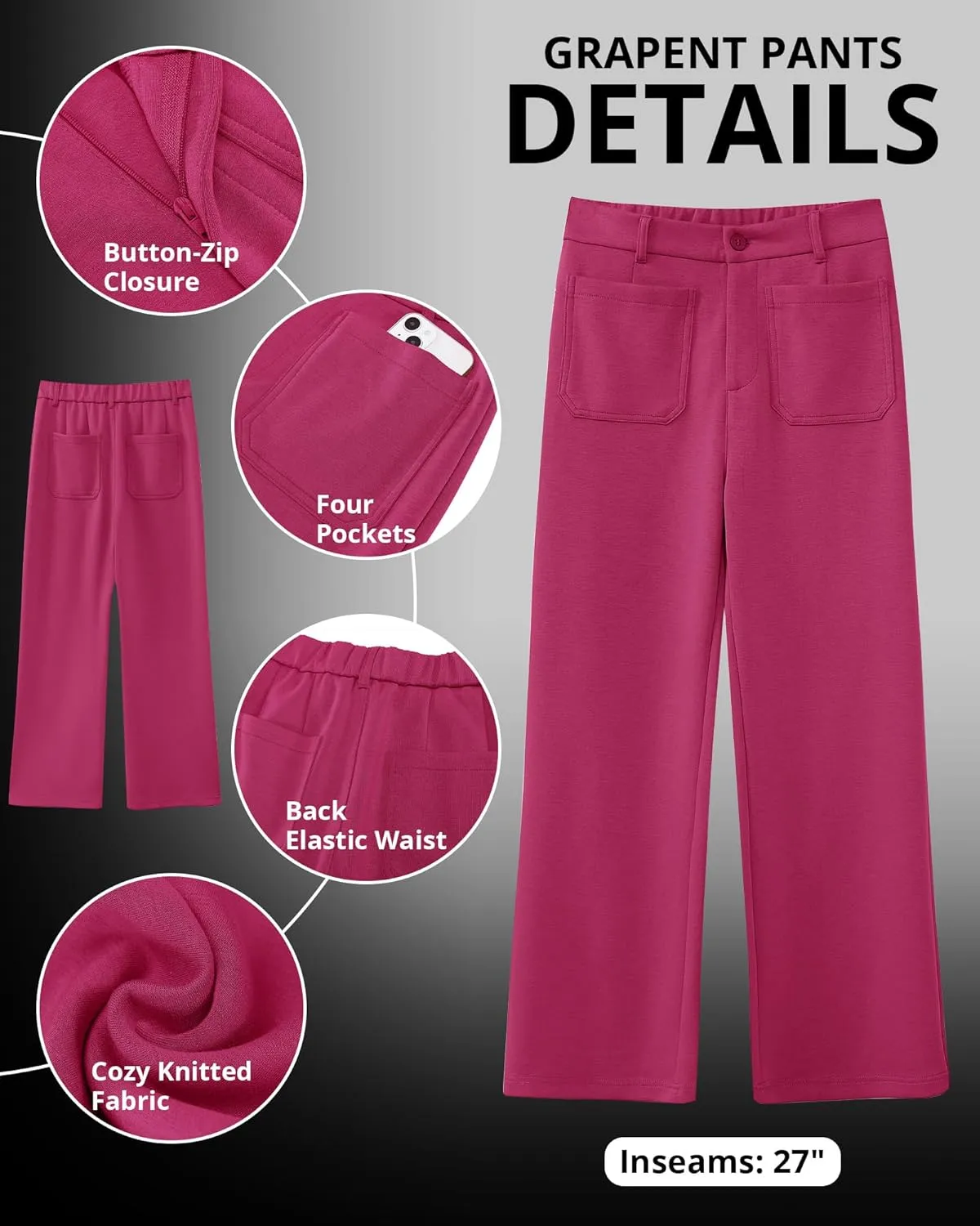 GRAPENT Wide Leg Pants Woman High Waisted Business Casual Elastic Waist Cropped Trouser Pockets Stretch Fall Knit Pants