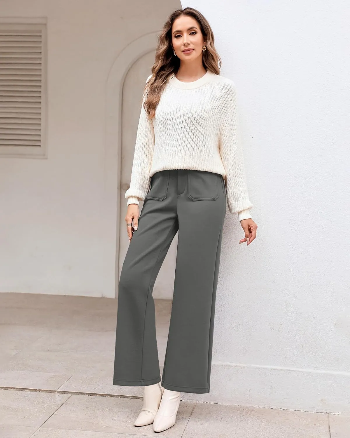 GRAPENT Wide Leg Pants Woman High Waisted Business Casual Elastic Waist Cropped Trouser Pockets Stretch Fall Knit Pants