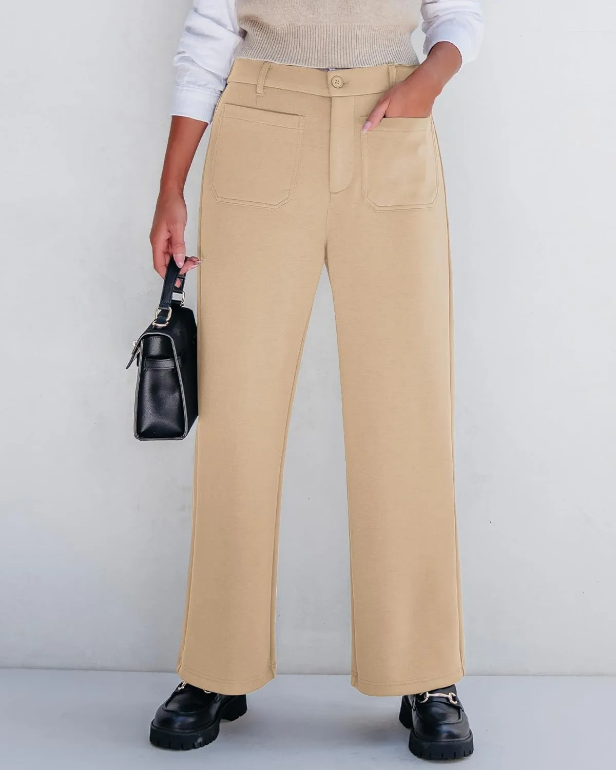 GRAPENT Wide Leg Pants Woman High Waisted Business Casual Elastic Waist Cropped Trouser Pockets Stretch Fall Knit Pants