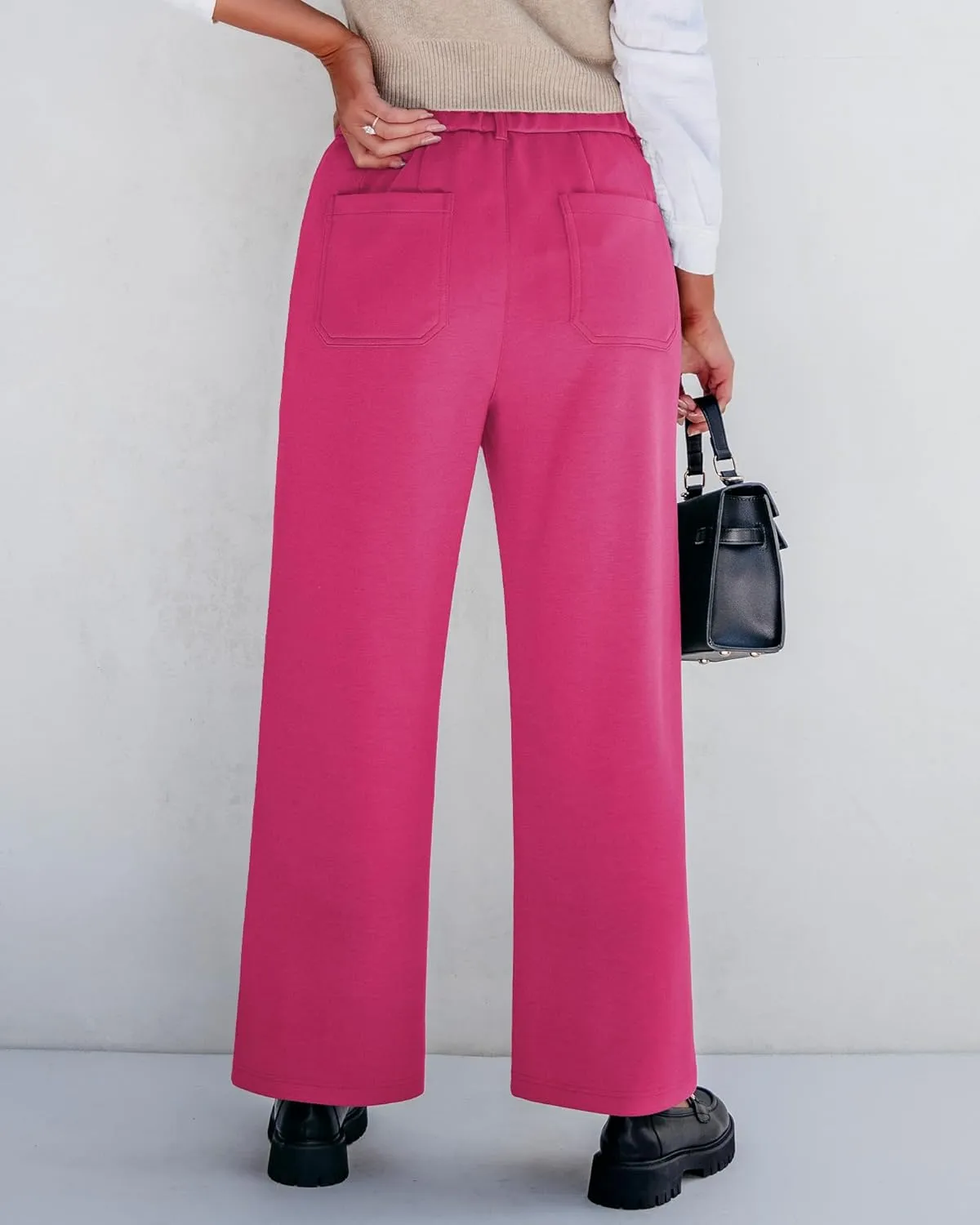 GRAPENT Wide Leg Pants Woman High Waisted Business Casual Elastic Waist Cropped Trouser Pockets Stretch Fall Knit Pants