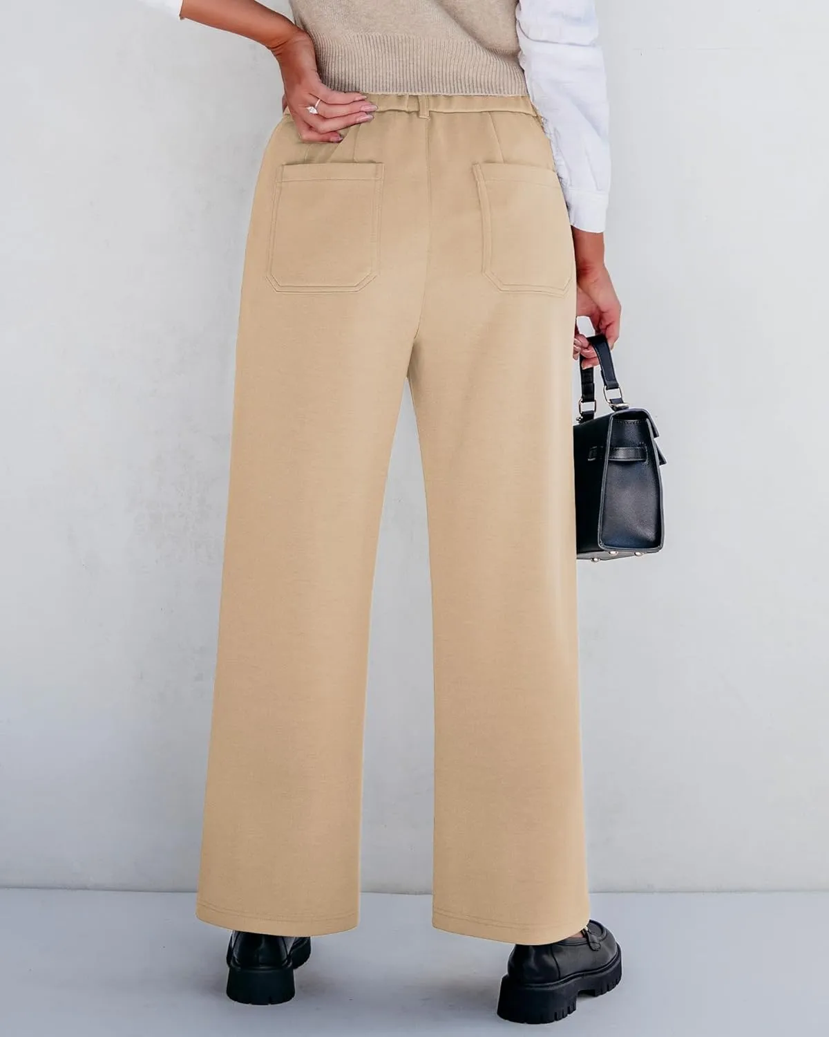 GRAPENT Wide Leg Pants Woman High Waisted Business Casual Elastic Waist Cropped Trouser Pockets Stretch Fall Knit Pants