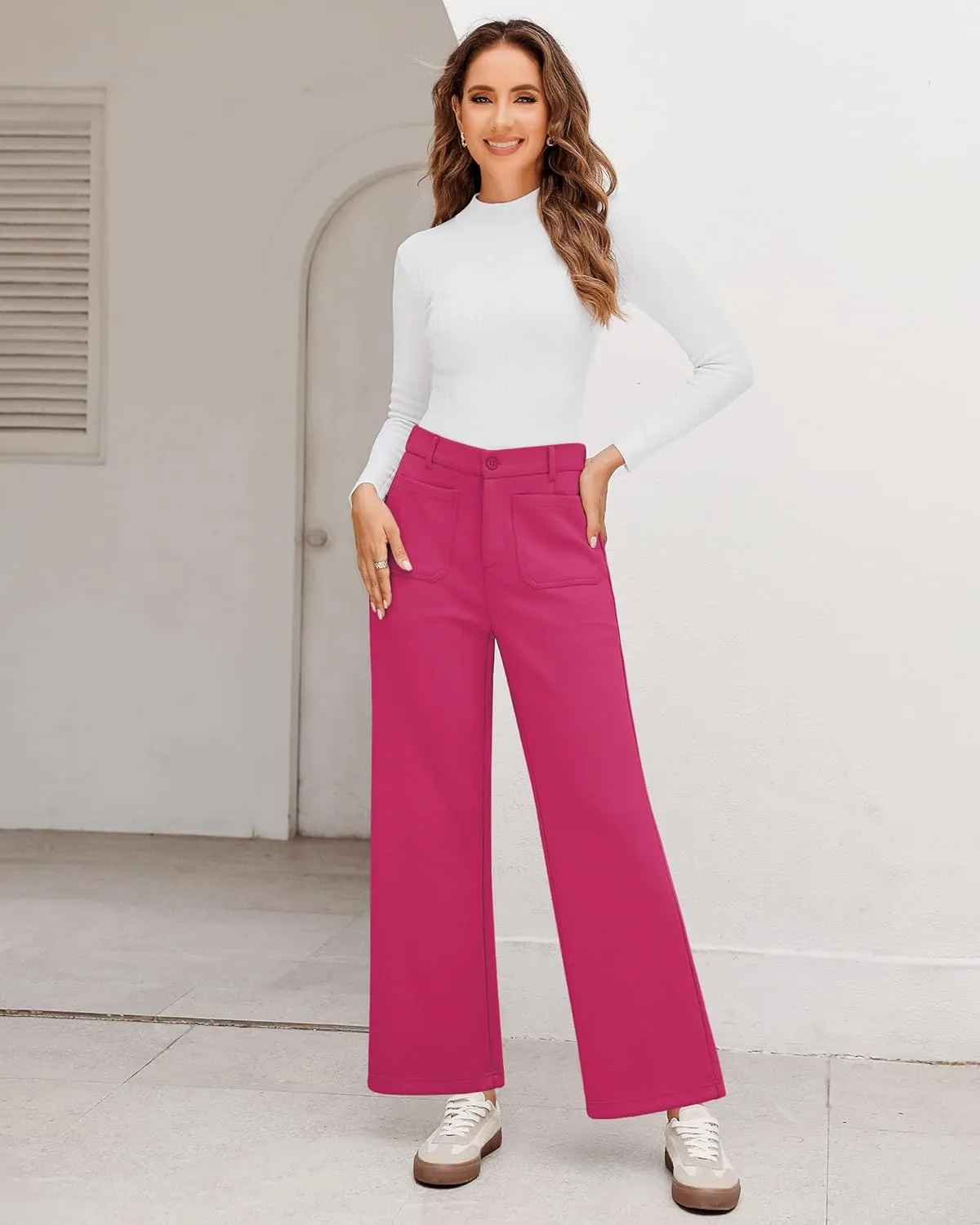 GRAPENT Wide Leg Pants Woman High Waisted Business Casual Elastic Waist Cropped Trouser Pockets Stretch Fall Knit Pants