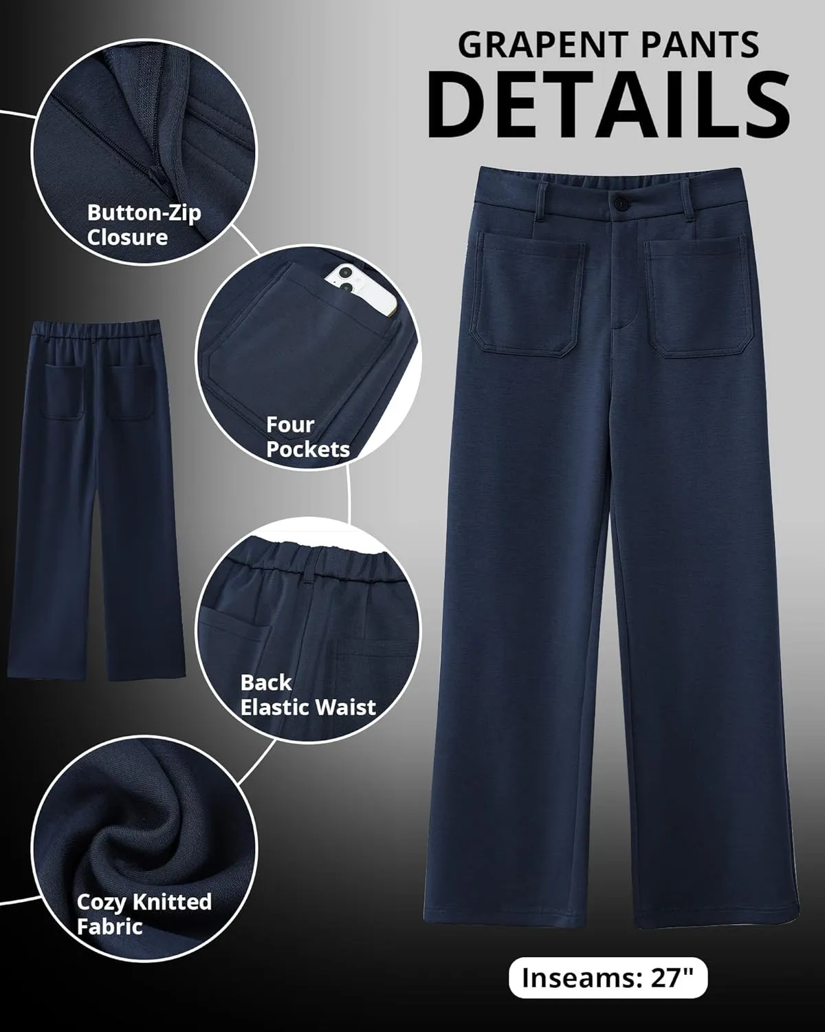 GRAPENT Wide Leg Pants Woman High Waisted Business Casual Elastic Waist Cropped Trouser Pockets Stretch Fall Knit Pants