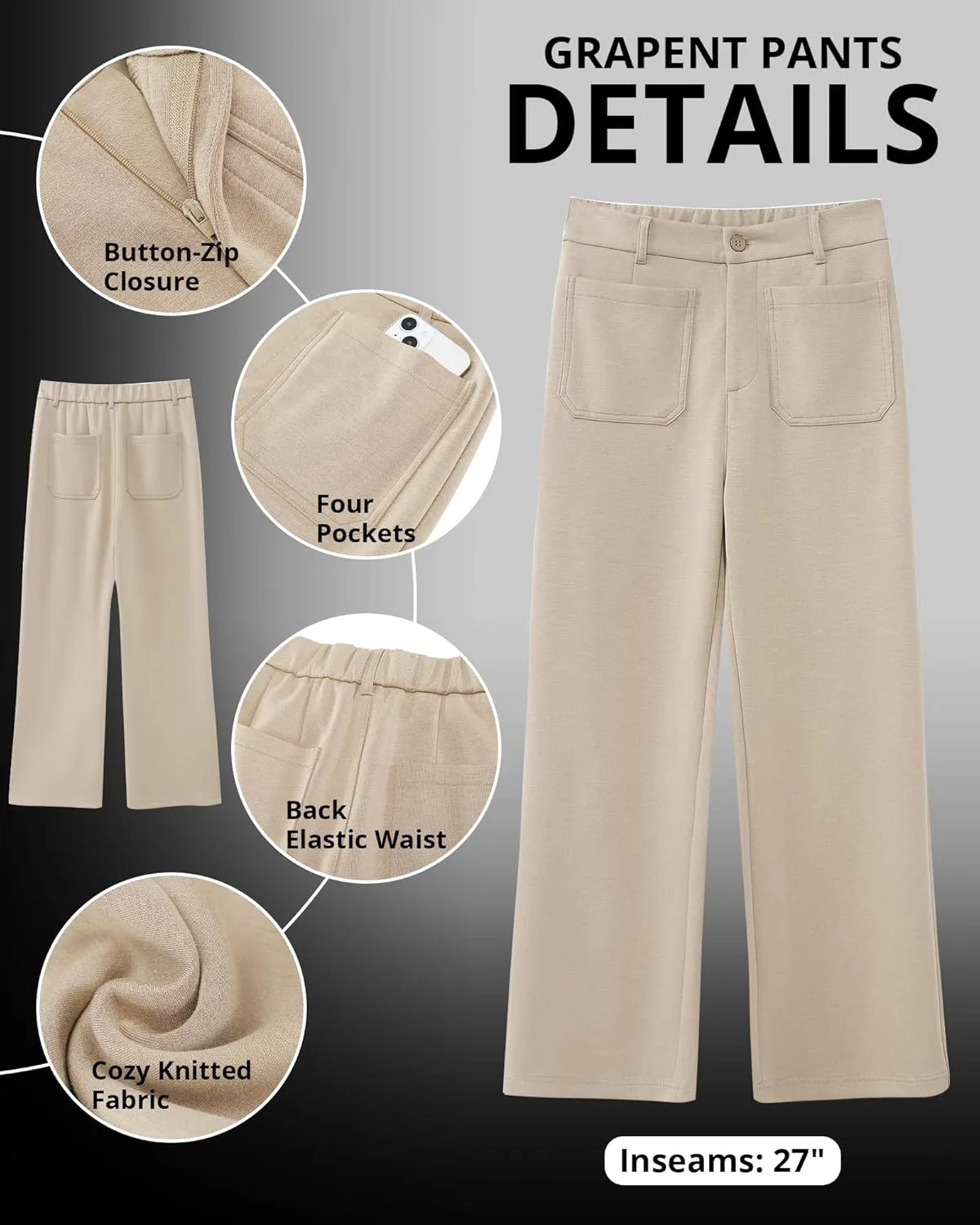 GRAPENT Wide Leg Pants Woman High Waisted Business Casual Elastic Waist Cropped Trouser Pockets Stretch Fall Knit Pants