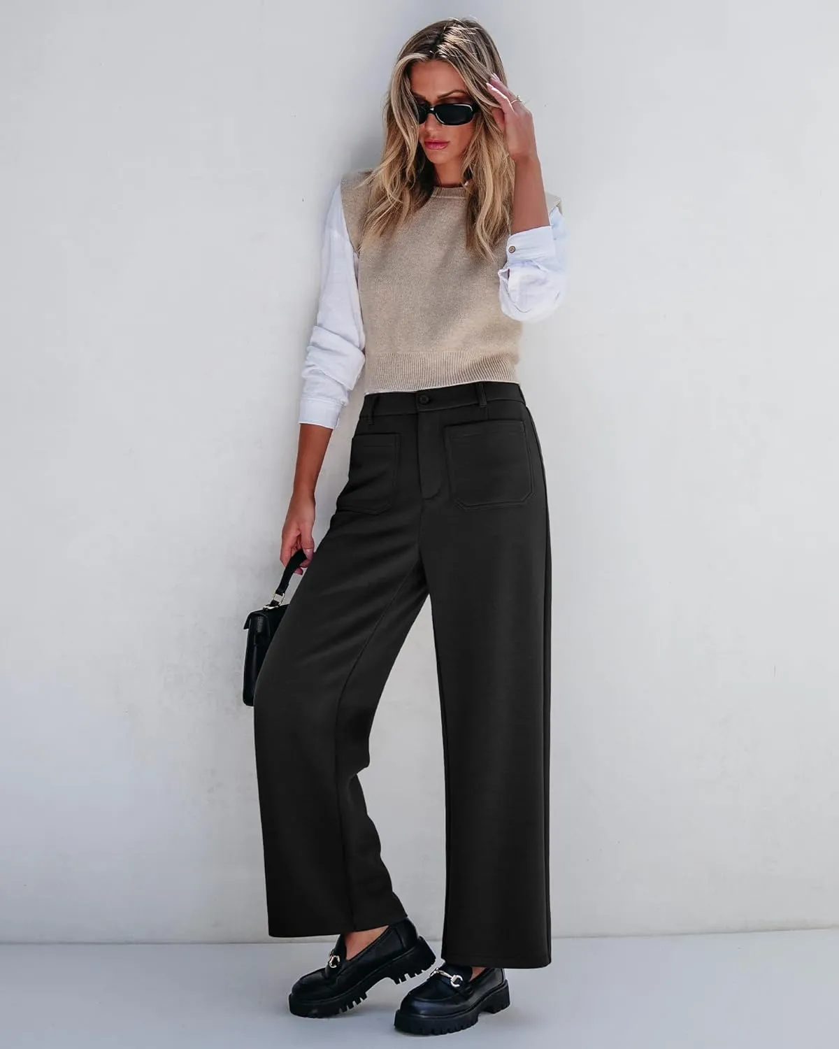 GRAPENT Wide Leg Pants Woman High Waisted Business Casual Elastic Waist Cropped Trouser Pockets Stretch Fall Knit Pants