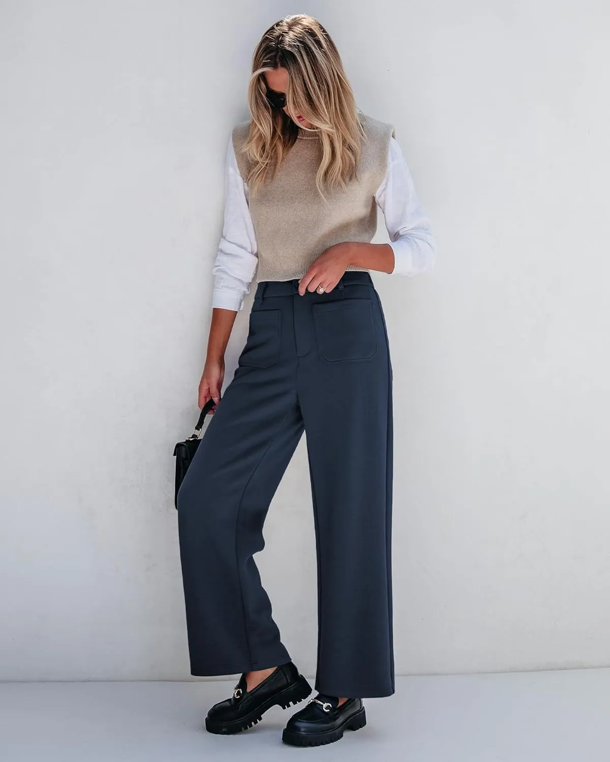GRAPENT Wide Leg Pants Woman High Waisted Business Casual Elastic Waist Cropped Trouser Pockets Stretch Fall Knit Pants