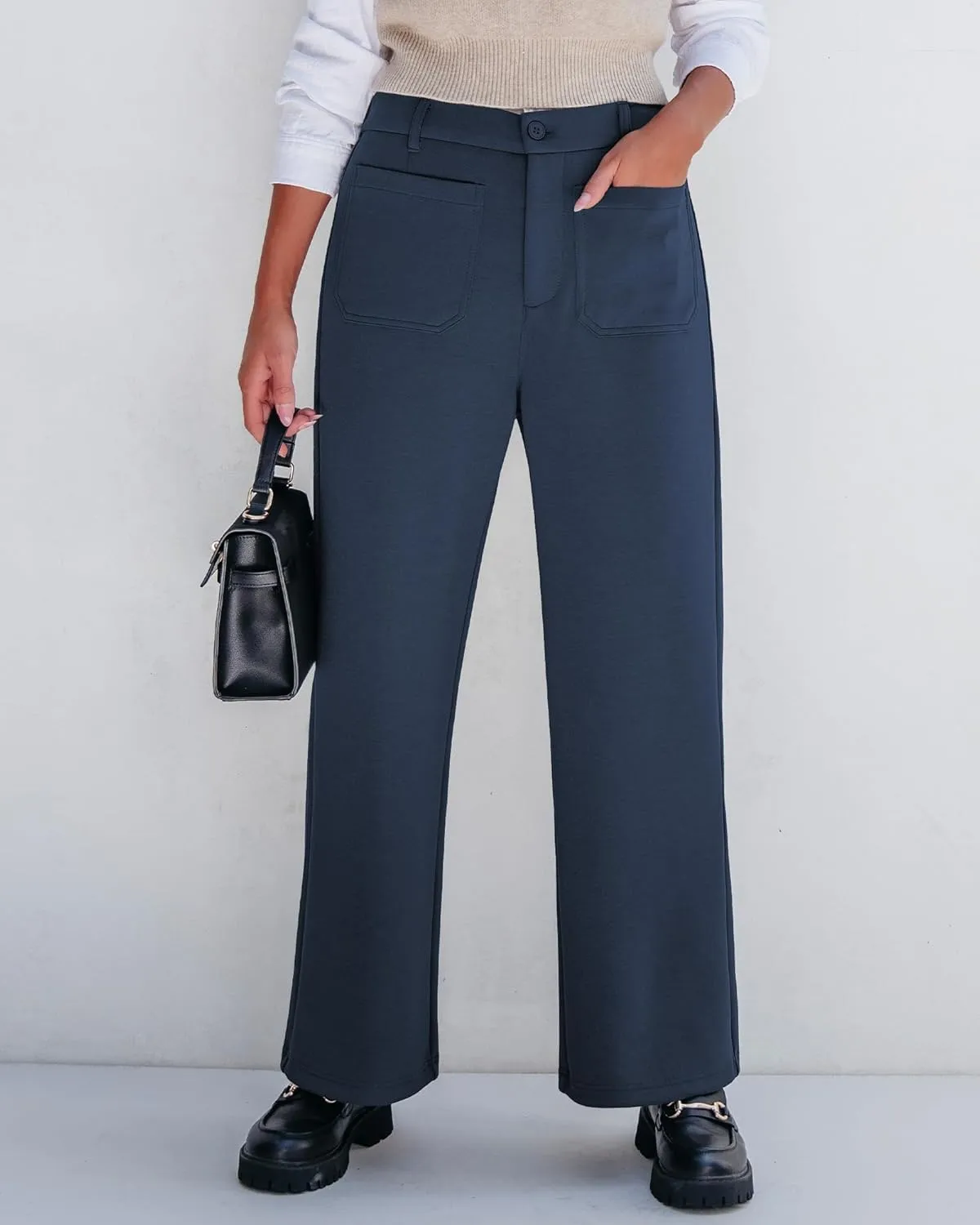 GRAPENT Wide Leg Pants Woman High Waisted Business Casual Elastic Waist Cropped Trouser Pockets Stretch Fall Knit Pants