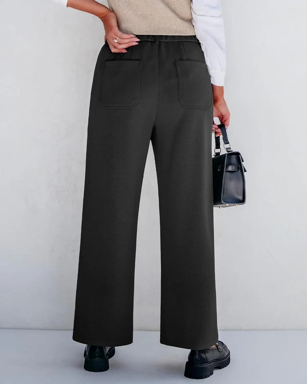 GRAPENT Wide Leg Pants Woman High Waisted Business Casual Elastic Waist Cropped Trouser Pockets Stretch Fall Knit Pants