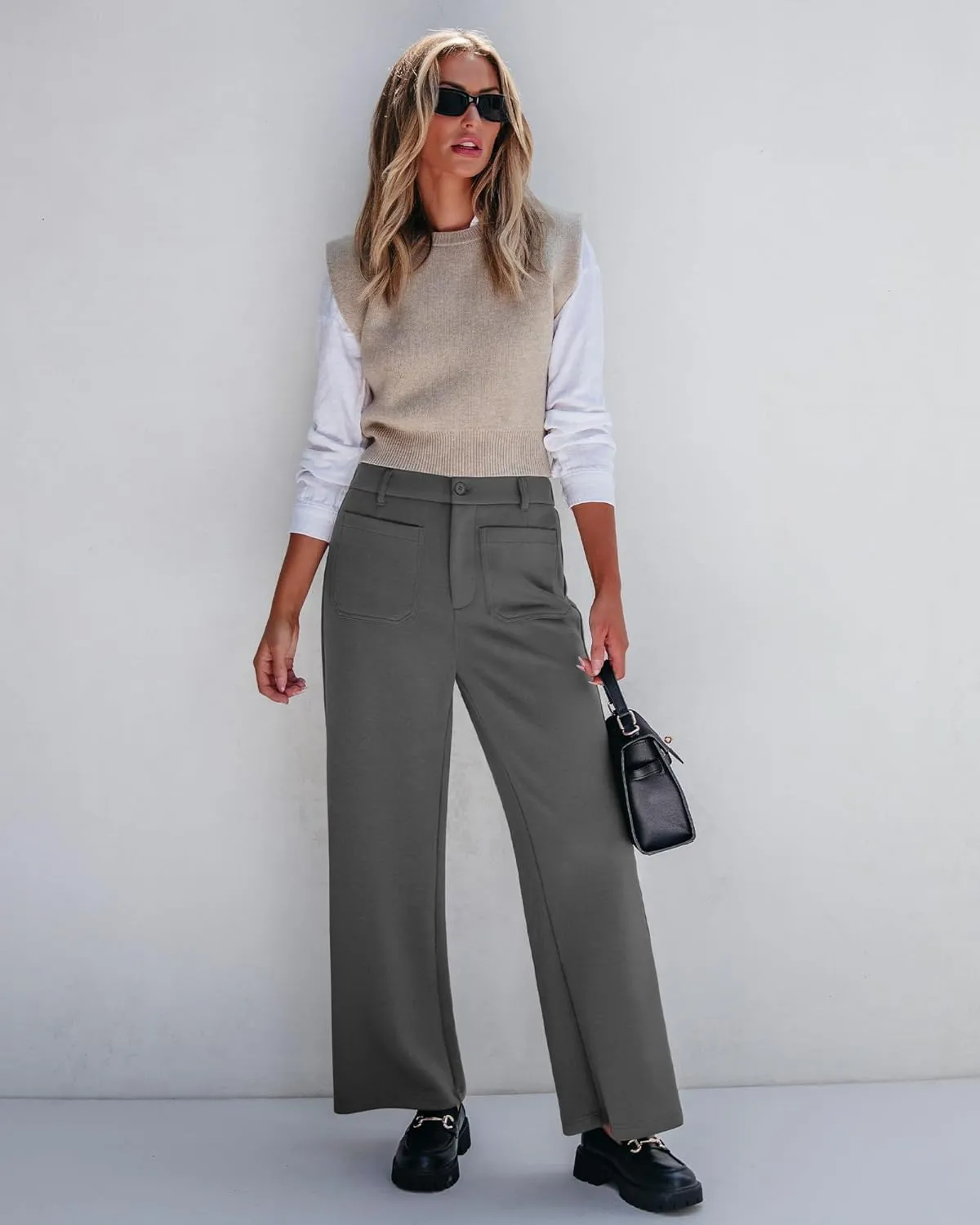 GRAPENT Wide Leg Pants Woman High Waisted Business Casual Elastic Waist Cropped Trouser Pockets Stretch Fall Knit Pants