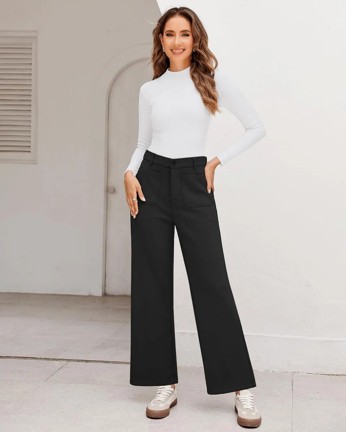 GRAPENT Wide Leg Pants Woman High Waisted Business Casual Elastic Waist Cropped Trouser Pockets Stretch Fall Knit Pants