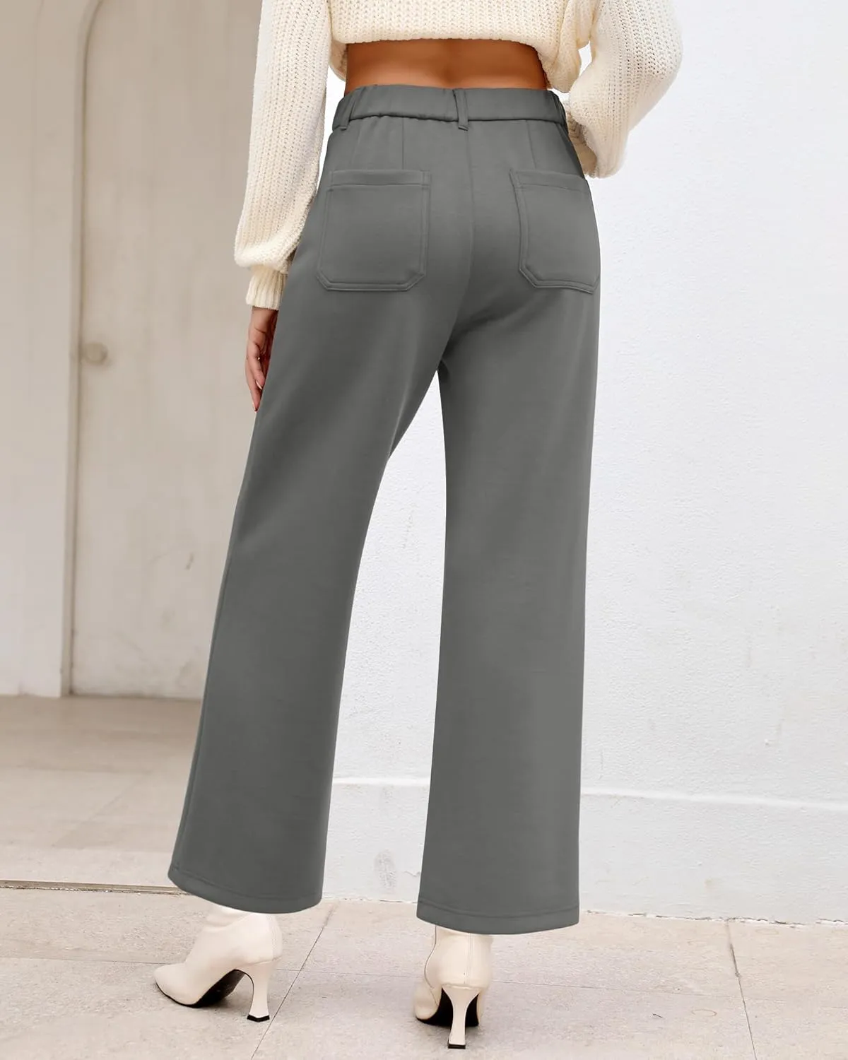 GRAPENT Wide Leg Pants Woman High Waisted Business Casual Elastic Waist Cropped Trouser Pockets Stretch Fall Knit Pants