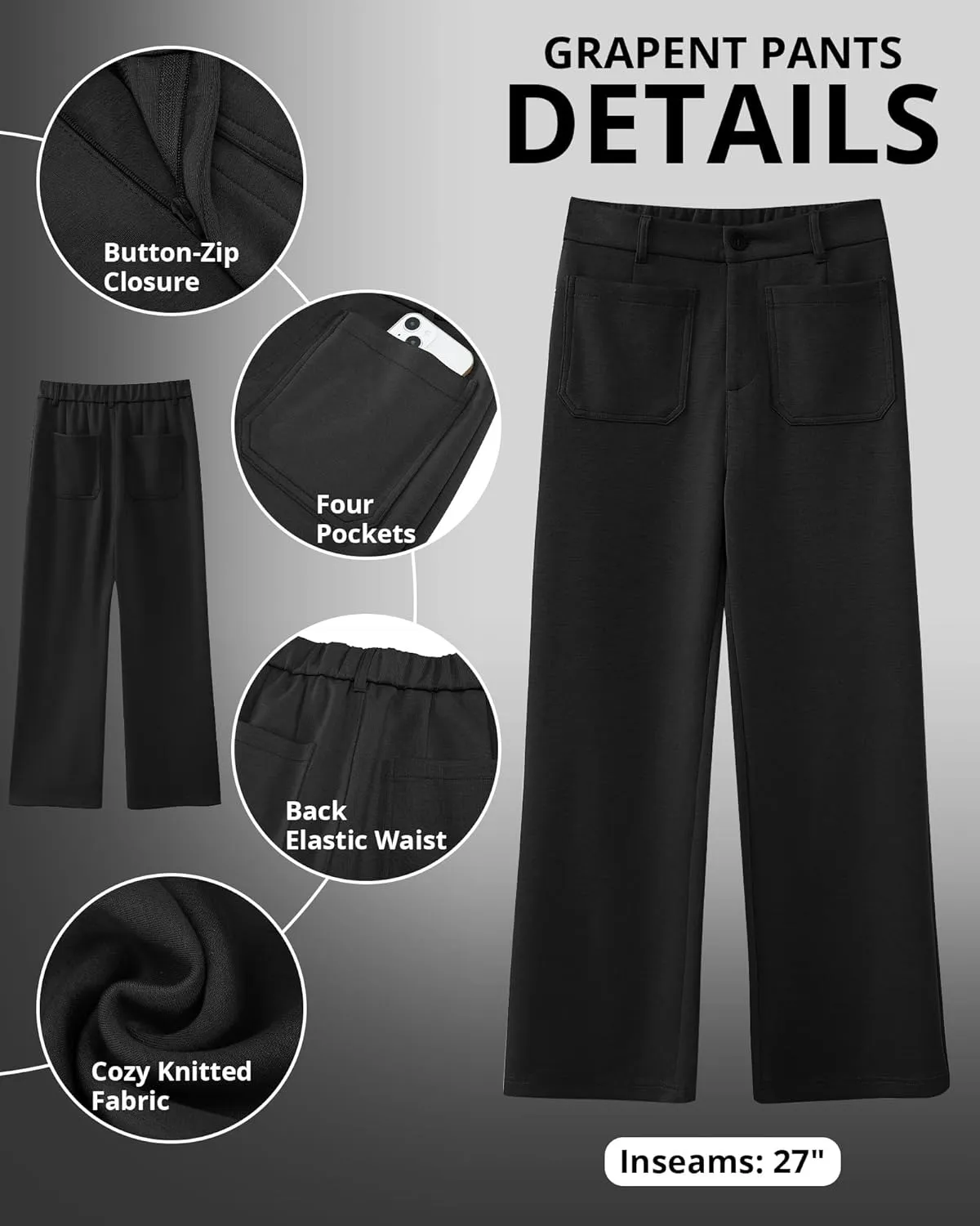 GRAPENT Wide Leg Pants Woman High Waisted Business Casual Elastic Waist Cropped Trouser Pockets Stretch Fall Knit Pants