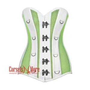 Green Mesh White Faux Leather Longline Plus Size Steampunk Costume Overbust Corset