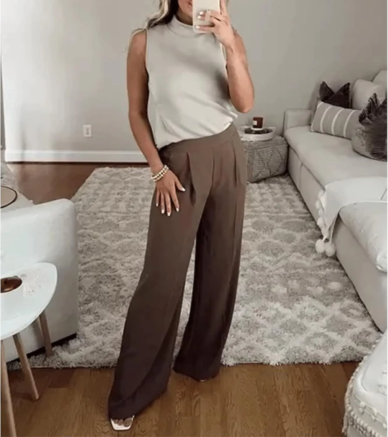 Gumipy Crepe Pleated Pants for Women High Waisted Wide Leg Pants Plus Size Elastic Stretch Palazzo Pants Work Office Trousers