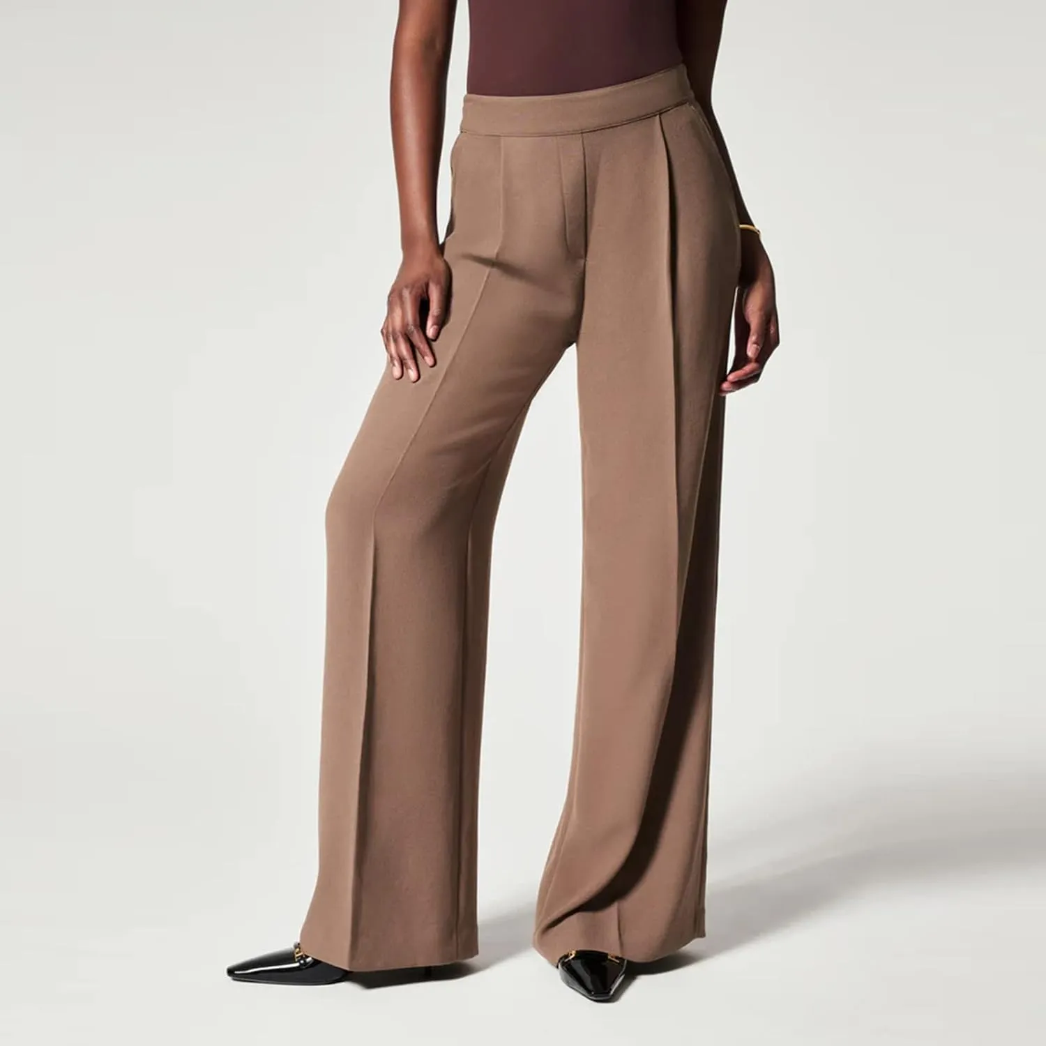 Gumipy Crepe Pleated Pants for Women High Waisted Wide Leg Pants Plus Size Elastic Stretch Palazzo Pants Work Office Trousers