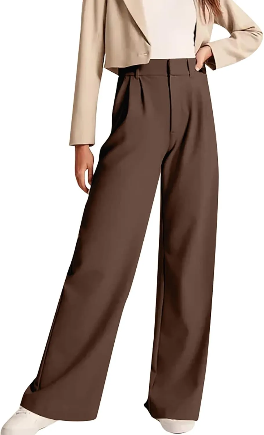 Gumipy Crepe Pleated Pants for Women High Waisted Wide Leg Pants Plus Size Elastic Stretch Palazzo Pants Work Office Trousers
