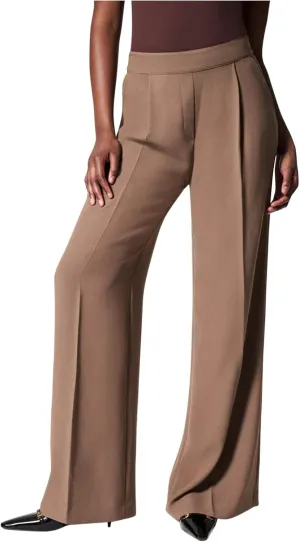 Gumipy Crepe Pleated Pants for Women High Waisted Wide Leg Pants Plus Size Elastic Stretch Palazzo Pants Work Office Trousers