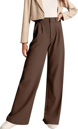 Gumipy Crepe Pleated Pants for Women High Waisted Wide Leg Pants Plus Size Elastic Stretch Palazzo Pants Work Office Trousers