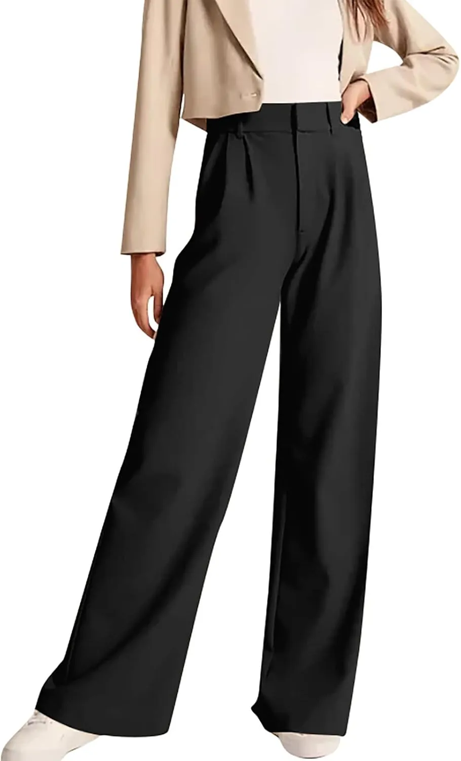 Gumipy Crepe Pleated Pants for Women High Waisted Wide Leg Pants Plus Size Elastic Stretch Palazzo Pants Work Office Trousers