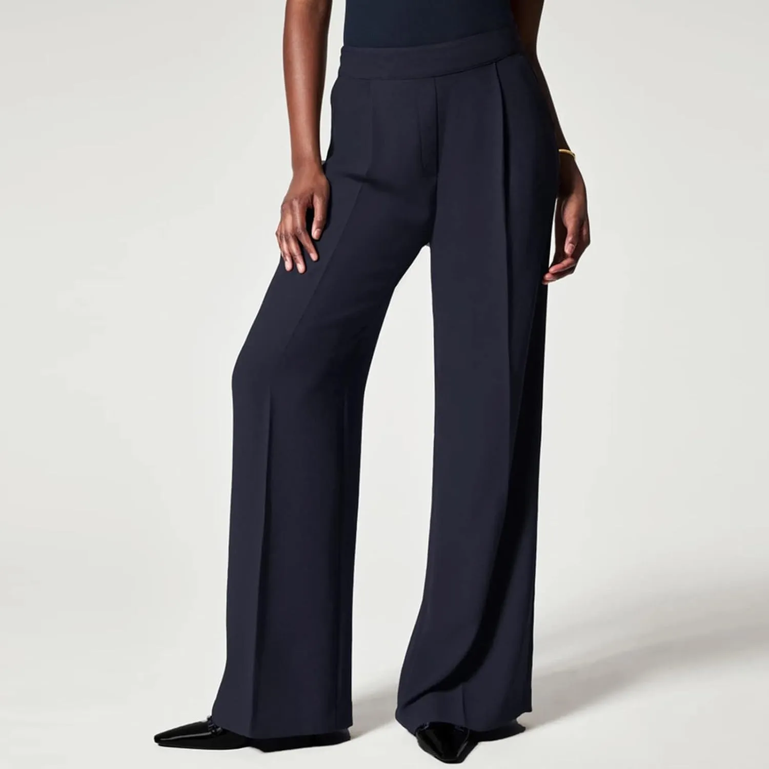Gumipy Crepe Pleated Pants for Women High Waisted Wide Leg Pants Plus Size Elastic Stretch Palazzo Pants Work Office Trousers