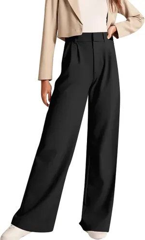 Gumipy Crepe Pleated Pants for Women High Waisted Wide Leg Pants Plus Size Elastic Stretch Palazzo Pants Work Office Trousers