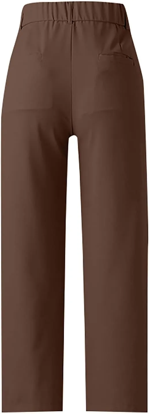 Gumipy Crepe Pleated Pants for Women High Waisted Wide Leg Pants Plus Size Elastic Stretch Palazzo Pants Work Office Trousers
