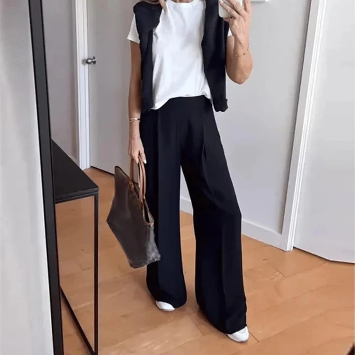 Gumipy Crepe Pleated Pants for Women High Waisted Wide Leg Pants Plus Size Elastic Stretch Palazzo Pants Work Office Trousers