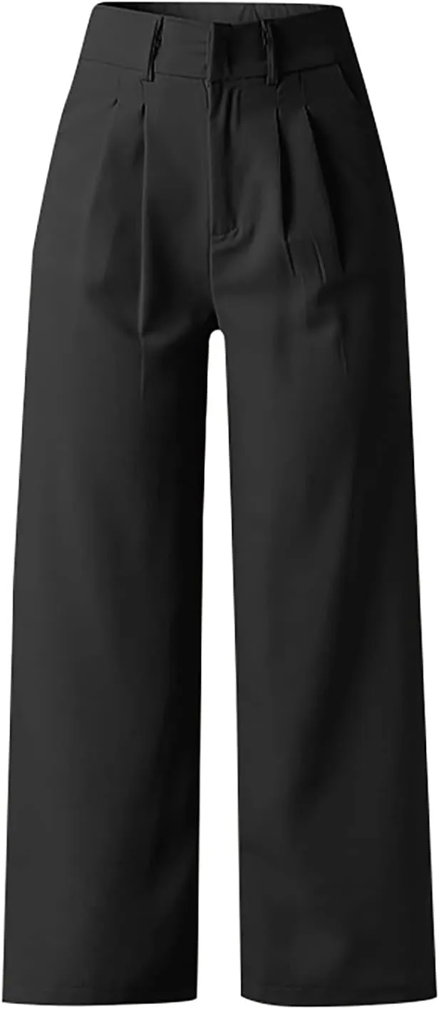 Gumipy Crepe Pleated Pants for Women High Waisted Wide Leg Pants Plus Size Elastic Stretch Palazzo Pants Work Office Trousers