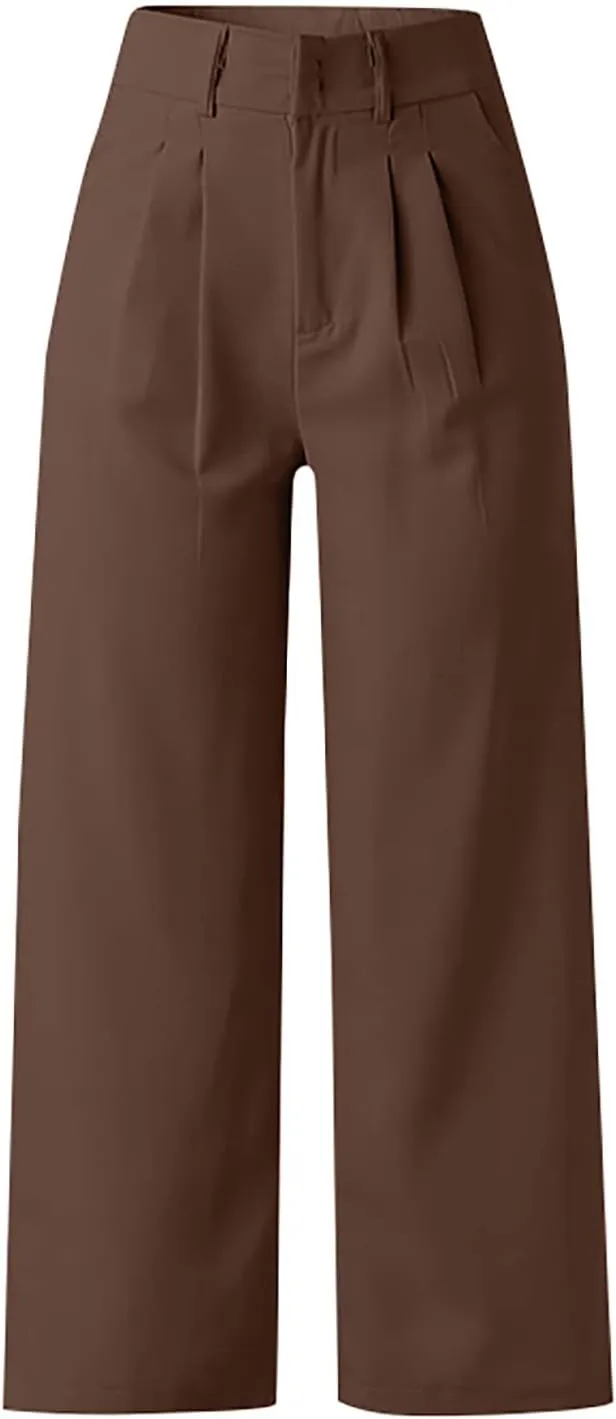 Gumipy Crepe Pleated Pants for Women High Waisted Wide Leg Pants Plus Size Elastic Stretch Palazzo Pants Work Office Trousers