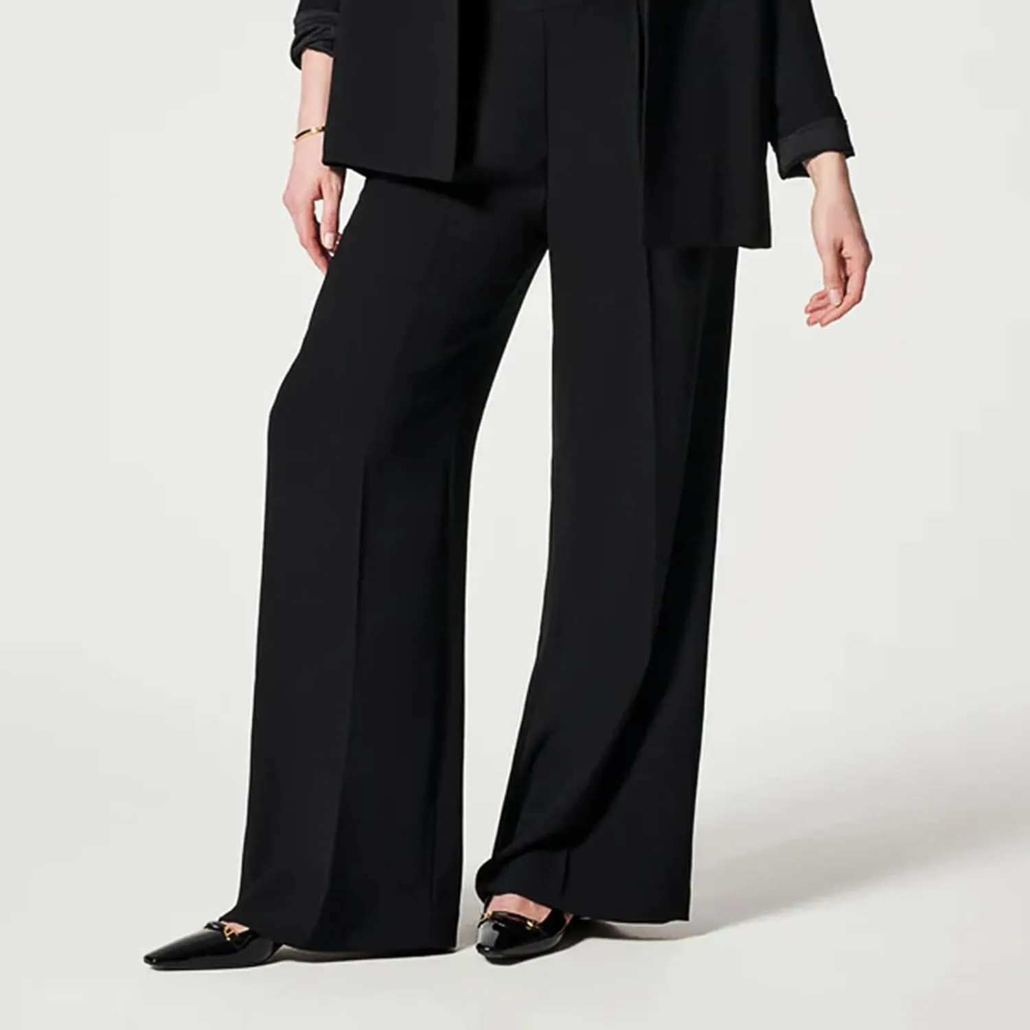 Gumipy Crepe Pleated Pants for Women High Waisted Wide Leg Pants Plus Size Elastic Stretch Palazzo Pants Work Office Trousers