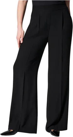 Gumipy Crepe Pleated Pants for Women High Waisted Wide Leg Pants Plus Size Elastic Stretch Palazzo Pants Work Office Trousers