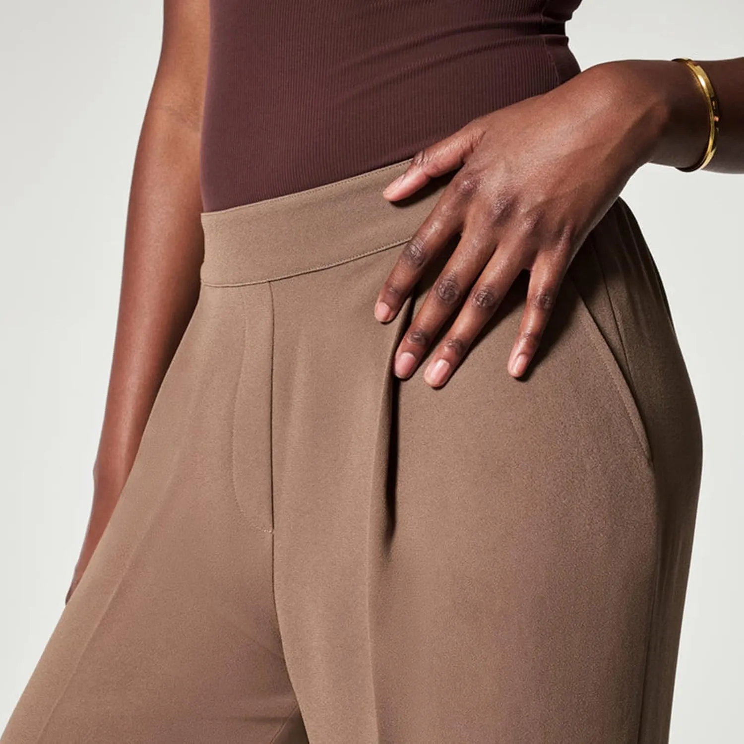 Gumipy Crepe Pleated Pants for Women High Waisted Wide Leg Pants Plus Size Elastic Stretch Palazzo Pants Work Office Trousers