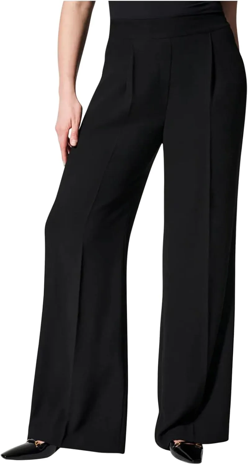 Gumipy Crepe Pleated Pants for Women High Waisted Wide Leg Pants Plus Size Elastic Stretch Palazzo Pants Work Office Trousers