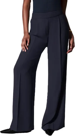 Gumipy Crepe Pleated Pants for Women High Waisted Wide Leg Pants Plus Size Elastic Stretch Palazzo Pants Work Office Trousers