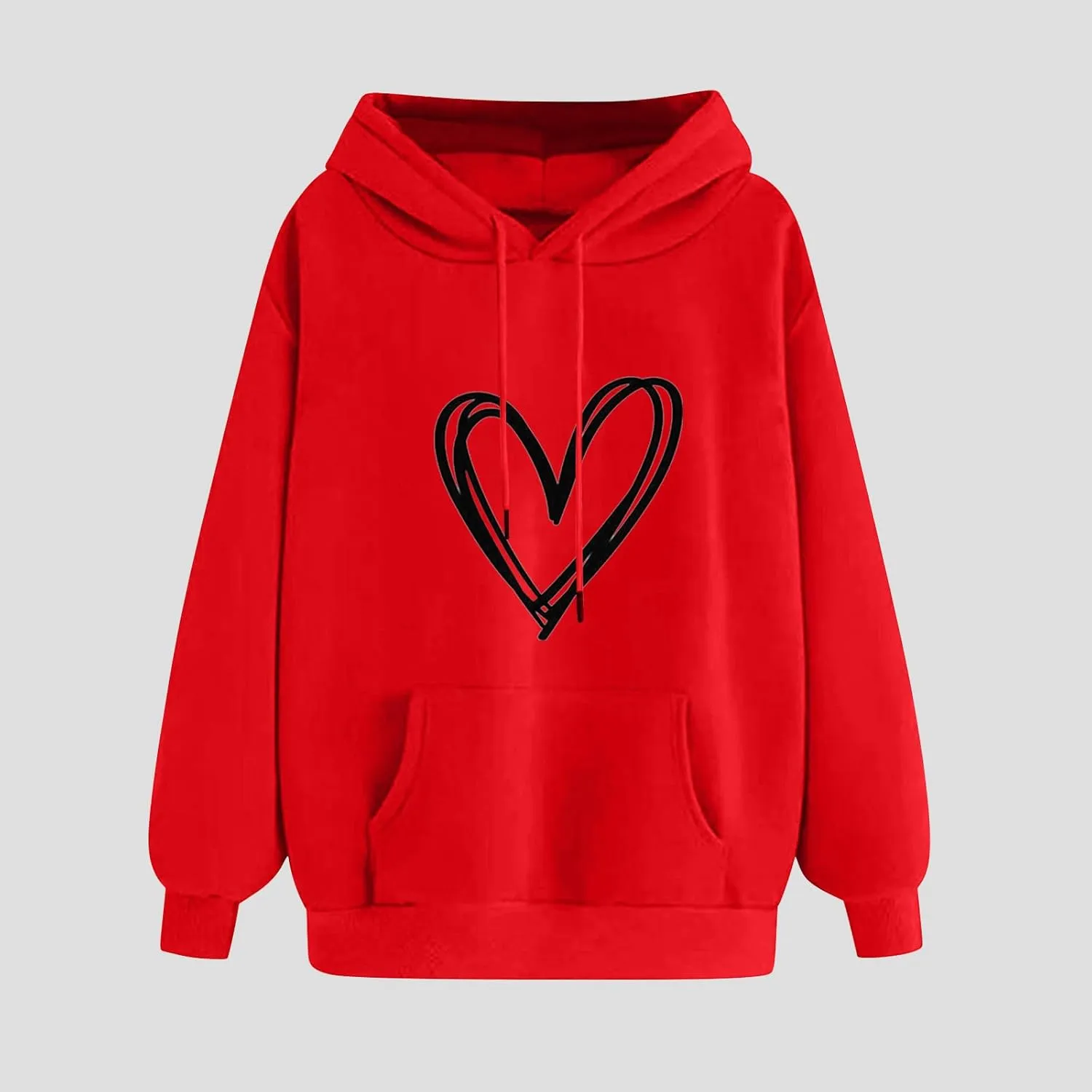 Heart Graphic Hoodie Women Casual Pullover Sweatshirt Drawstring Pocket Relaxed Long Sleeve Soft Streetwear
