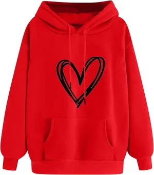 Heart Graphic Hoodie Women Casual Pullover Sweatshirt Drawstring Pocket Relaxed Long Sleeve Soft Streetwear
