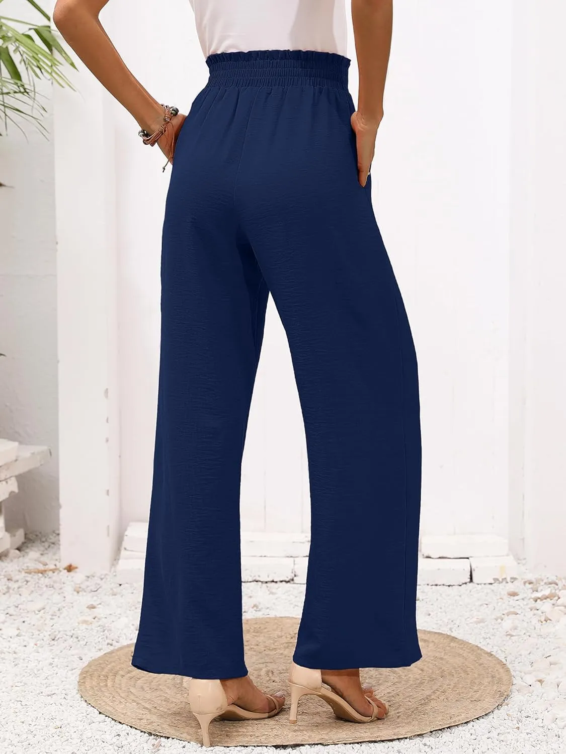 Heymoments Women's Wide Leg Lounge Pants with Pockets Lightweight High Waisted Adjustable Tie Knot Loose Trousers