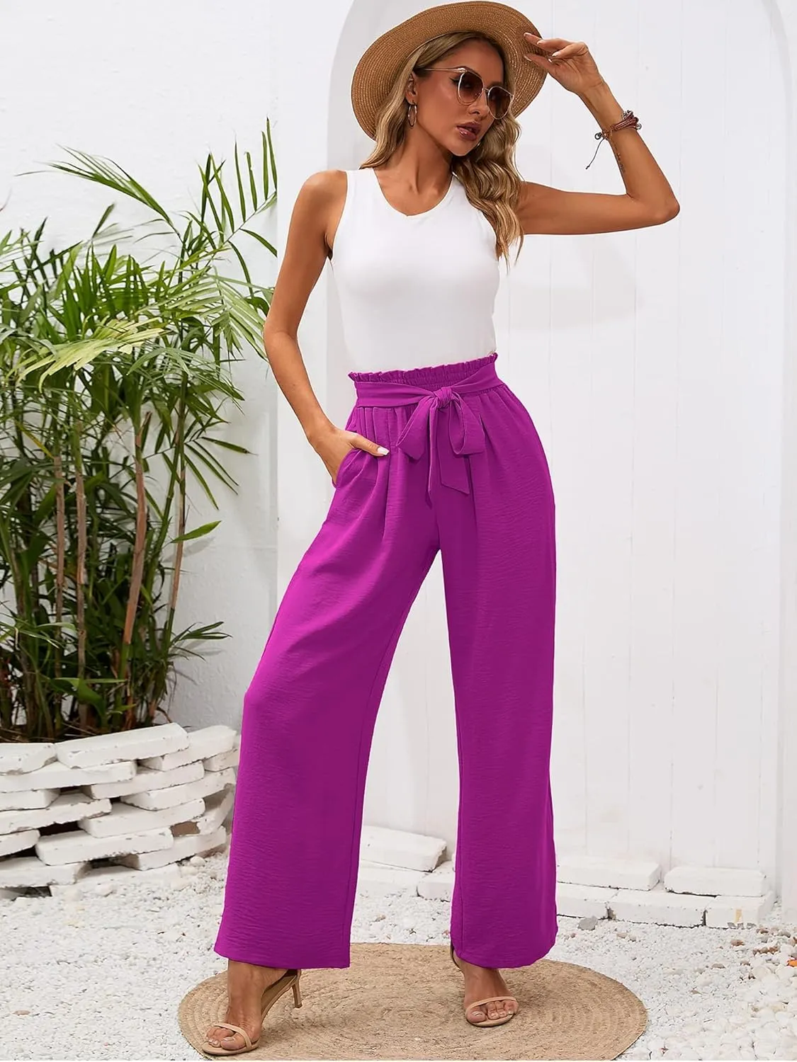 Heymoments Women's Wide Leg Lounge Pants with Pockets Lightweight High Waisted Adjustable Tie Knot Loose Trousers