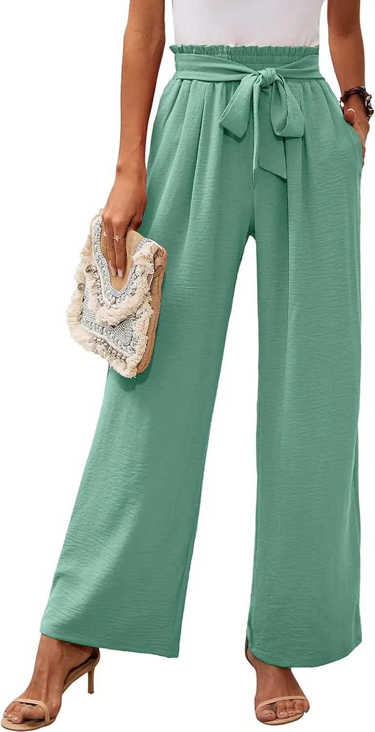 Heymoments Women's Wide Leg Lounge Pants with Pockets Lightweight High Waisted Adjustable Tie Knot Loose Trousers