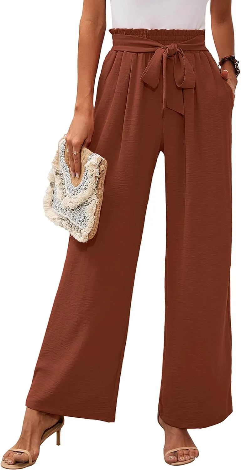 Heymoments Women's Wide Leg Lounge Pants with Pockets Lightweight High Waisted Adjustable Tie Knot Loose Trousers