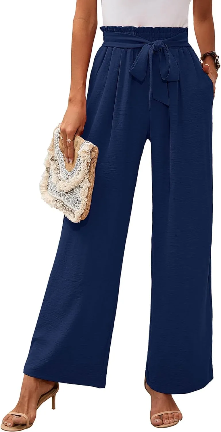 Heymoments Women's Wide Leg Lounge Pants with Pockets Lightweight High Waisted Adjustable Tie Knot Loose Trousers
