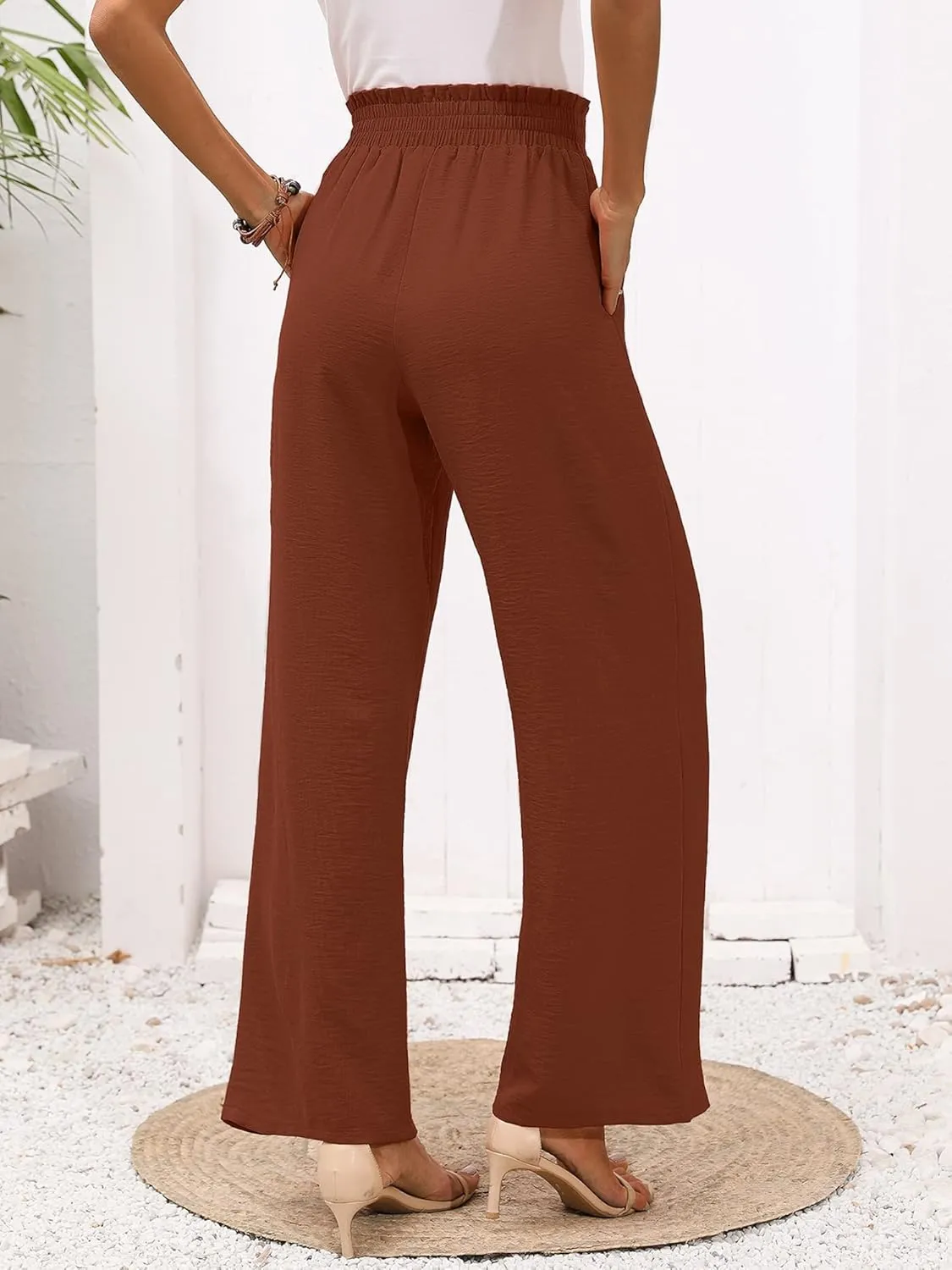 Heymoments Women's Wide Leg Lounge Pants with Pockets Lightweight High Waisted Adjustable Tie Knot Loose Trousers