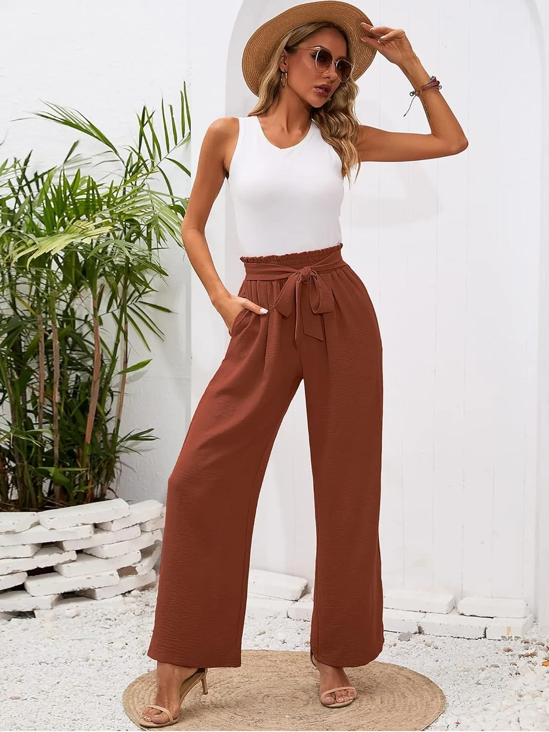 Heymoments Women's Wide Leg Lounge Pants with Pockets Lightweight High Waisted Adjustable Tie Knot Loose Trousers