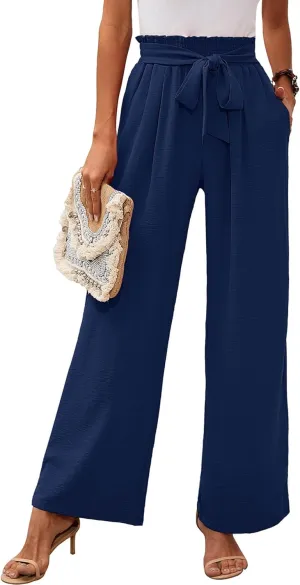 Heymoments Women's Wide Leg Lounge Pants with Pockets Lightweight High Waisted Adjustable Tie Knot Loose Trousers